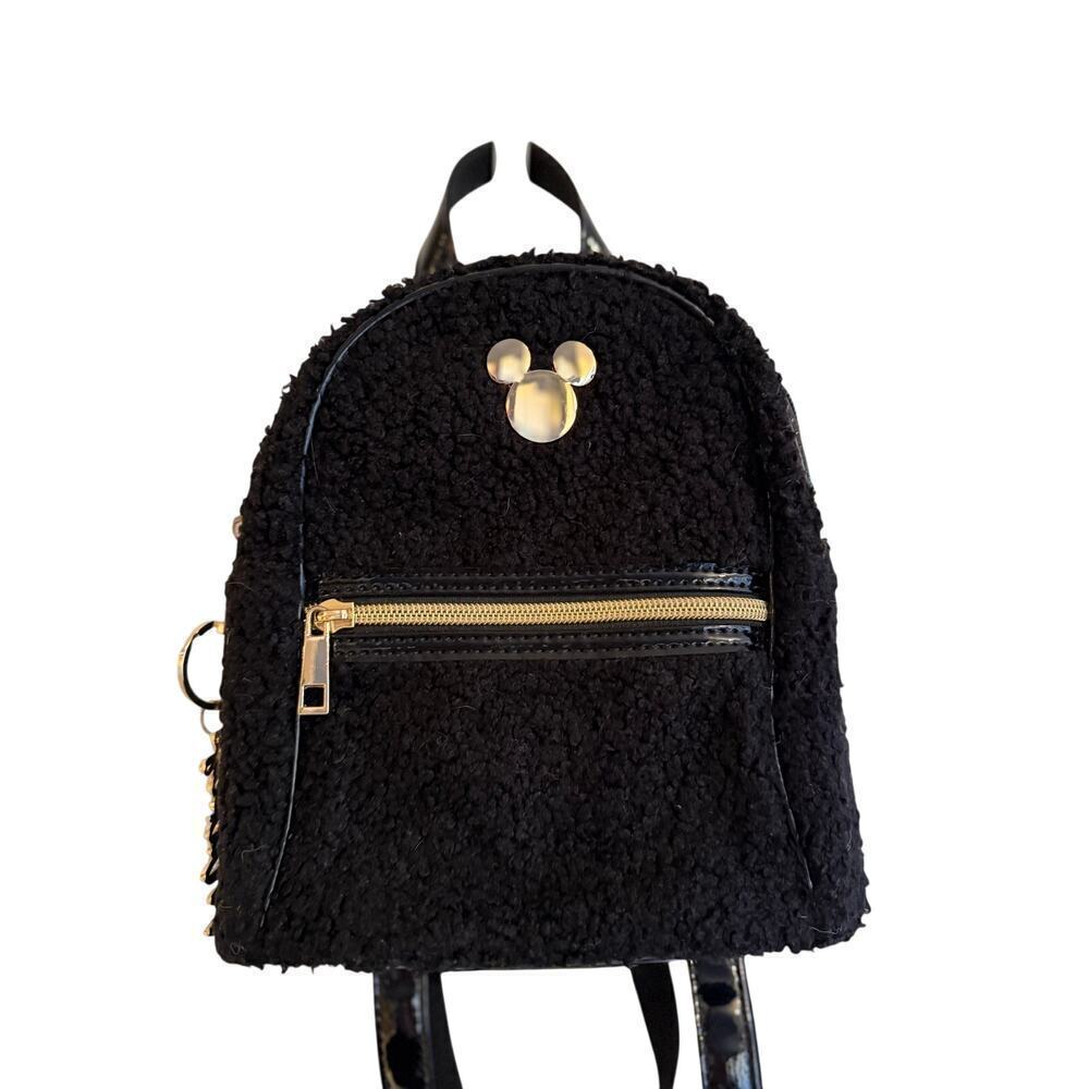 Mickey Mouse Black Sherpa Mini Backpack Gold Hardware Disney Parks Style - Picture 2 of 4